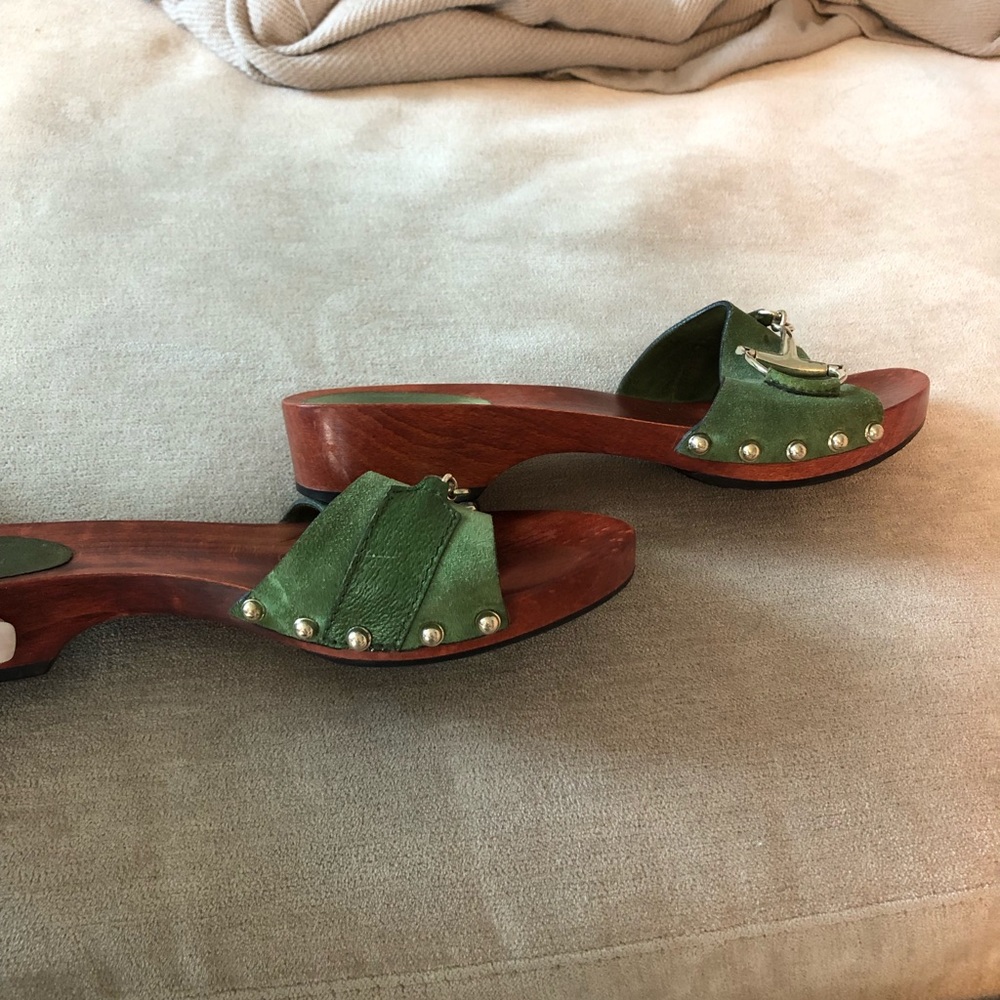 Gucci green, studded, suede, wood horsebit slides.